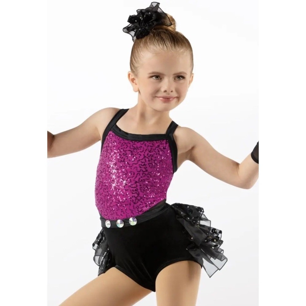 Weissman Dance Costume Bustled Leotard Fushcia Black Sequins Velvet Briefs MC